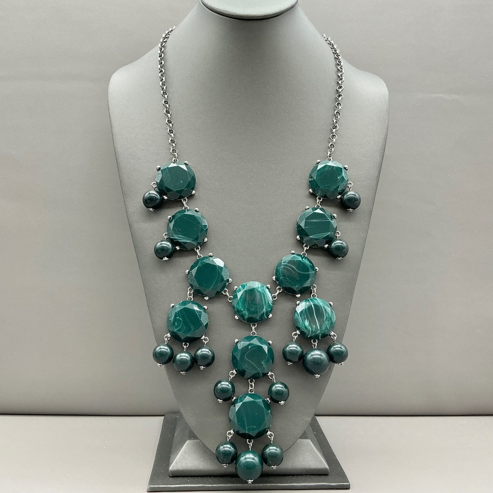 Statement Bib Necklace Women Green Faux Marble Resin Stones Silver Tone Chain